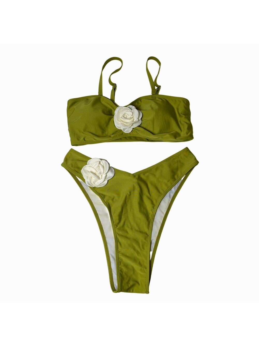 Green with Large Cream Flower Women's 2 Piece High Hip Bathing Suit Size 1XL